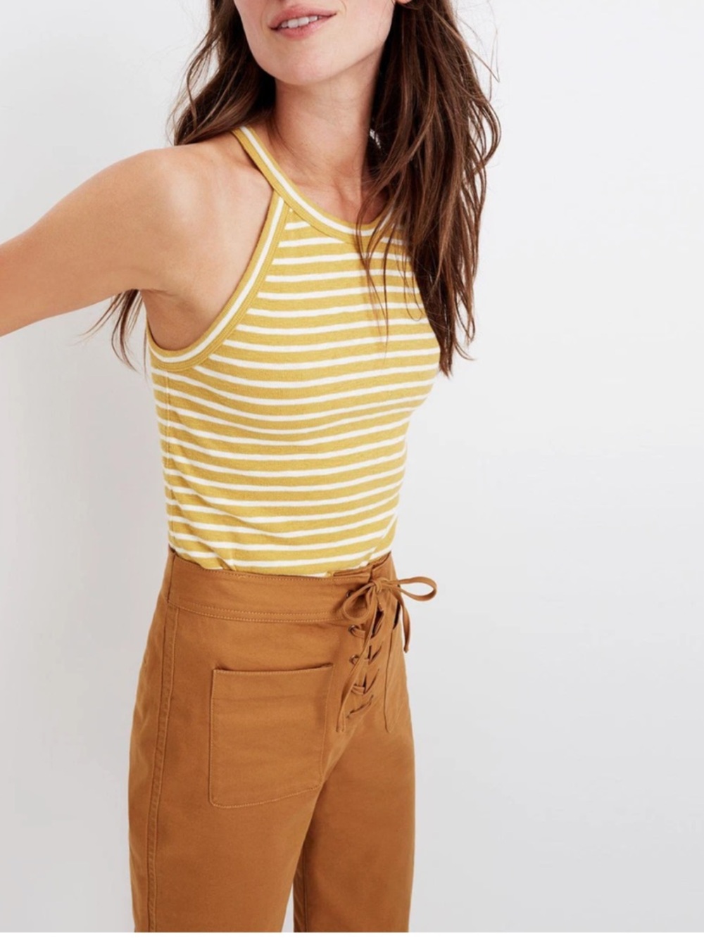 MADEWELL WOMEN'S MUSTARD WHITE STRIPED SLEEVELESS TIMEOFF TANK TOP Sz XL